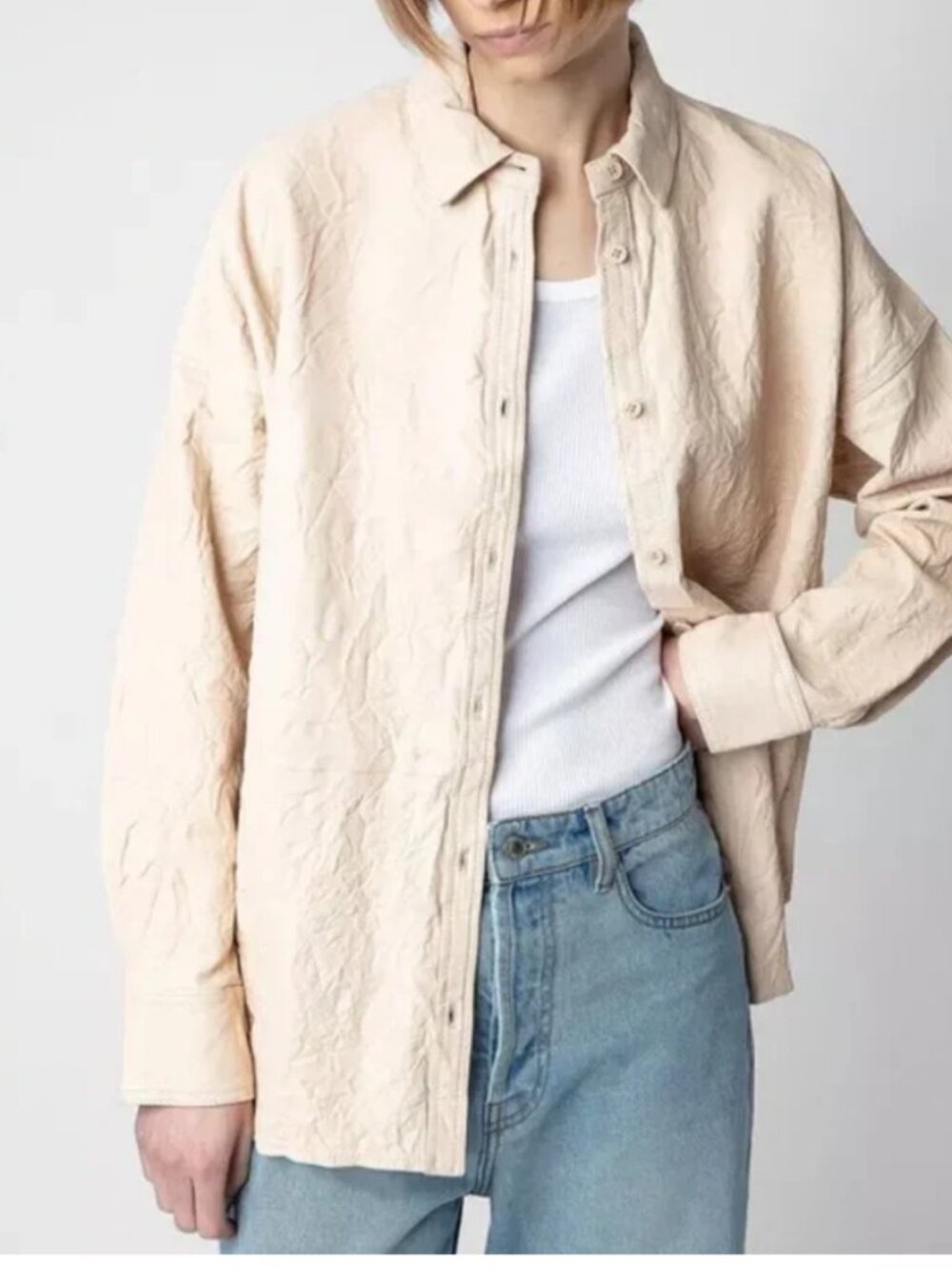 Zadig & Voltaire Tamara Lambskin Leather Shirt Poudre Button Up small EUC